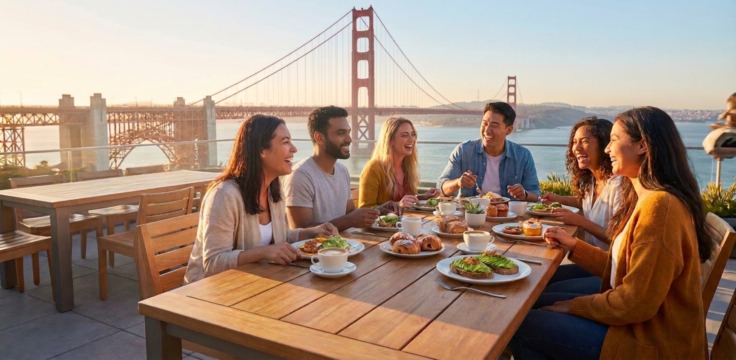 Friends enjoying brunch with Golden Gate Bridge view